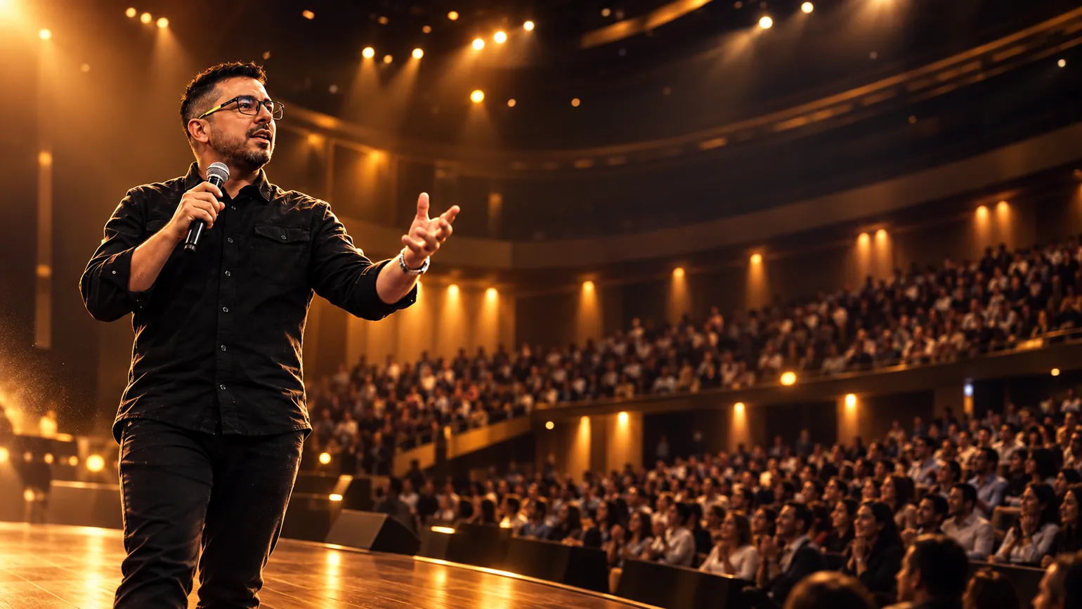 Representación cinematográfica generada de Óscar ante un auditorio iluminado